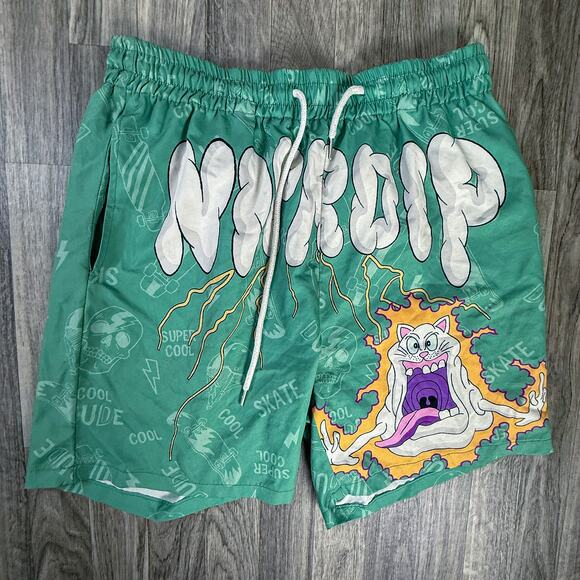 NYRDRIP Cool Dude Skate Shorts L Skater Cat Graphic Green Board Shorts Men - Picture 1 of 5